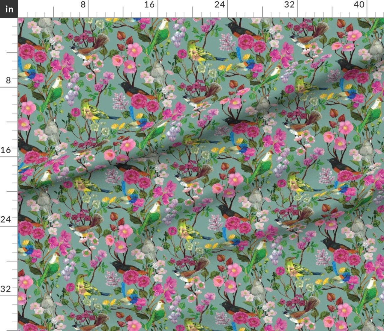 Chinoiserie Garden Australian Birds Painted Flowers Ornate Florals And Blooms Custom Printed Fabric by Spoonflower Various Fabrics by the Yard or Fat Quarter